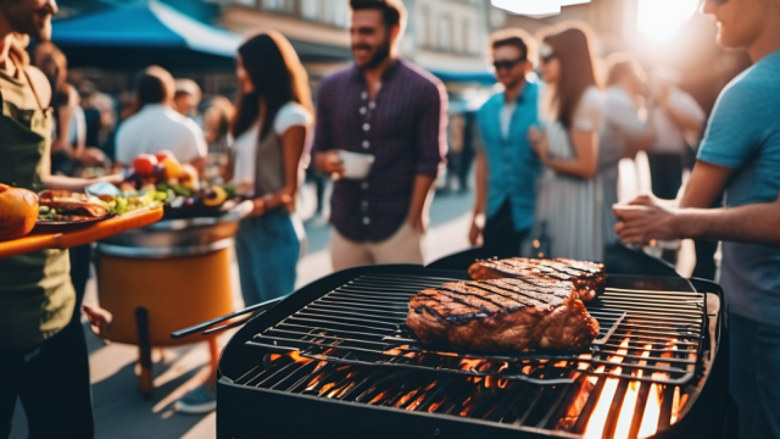 wiele osób stoi przy grillu, na grillu leży mięso